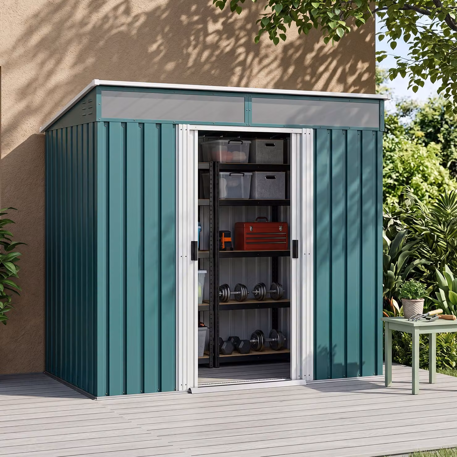 Outsunny Galvanised Metal Garden Storage Shed in Green with Foundation and Lockable Double Sliding Doors – 2
