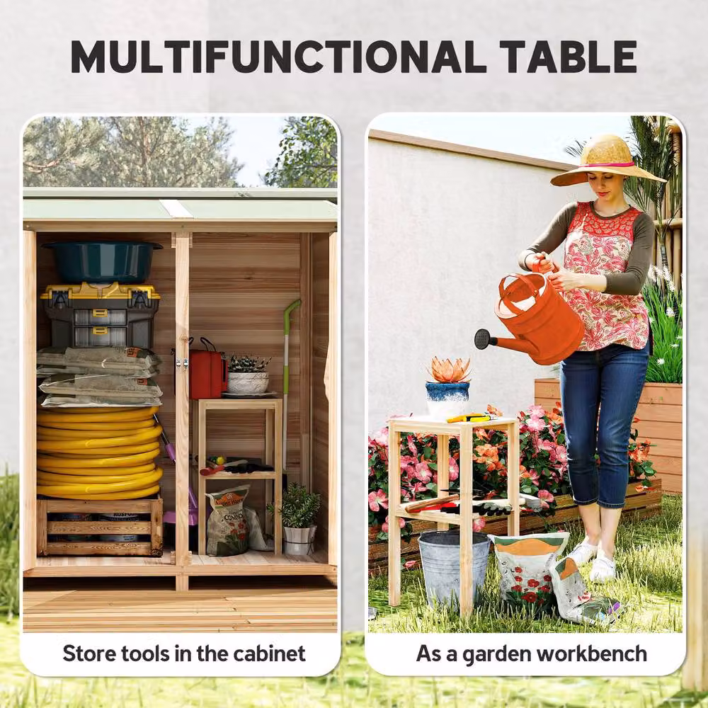 OUTSUNNY Garden Storage Shed Tool Organizer with Table, Natural Brown, W/D/H: 140 x 75 x 157 cm – 3