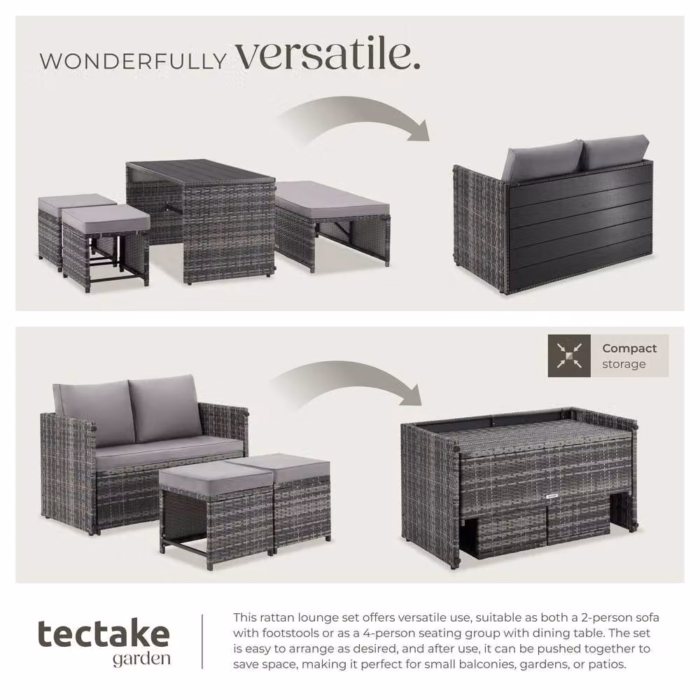 tectake Monopoli 2-in-1 Rattan Garden Lounge Set with Sofa and Seating Area in Grey for 4 Persons – 4