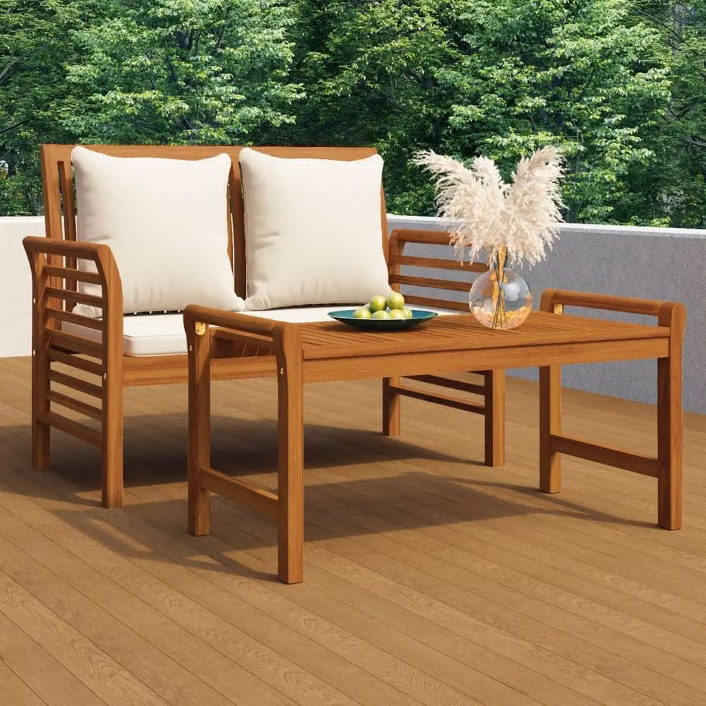 Berkfield Home 2 Piece Garden Lounge Set with Acacia Wood Frame and White Cushions in Brown – 2