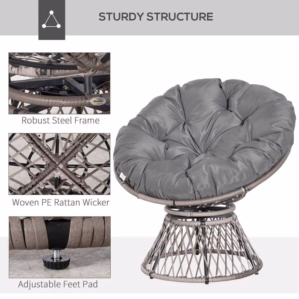 Wyld Haus Grey Rattan Swivel Papasan Moon Chair with Oversized Cushion – 6