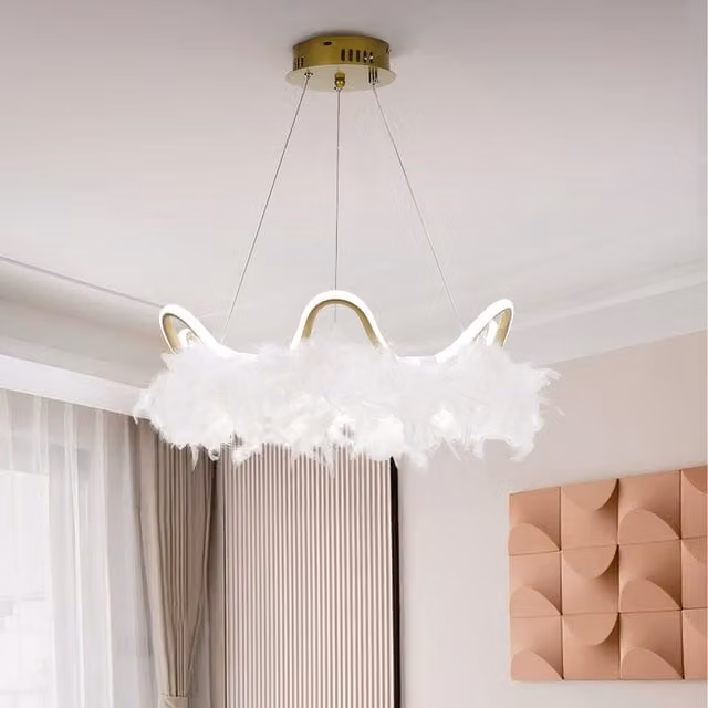 Komore White and Gold Feather Pendant Light with LED Strip
