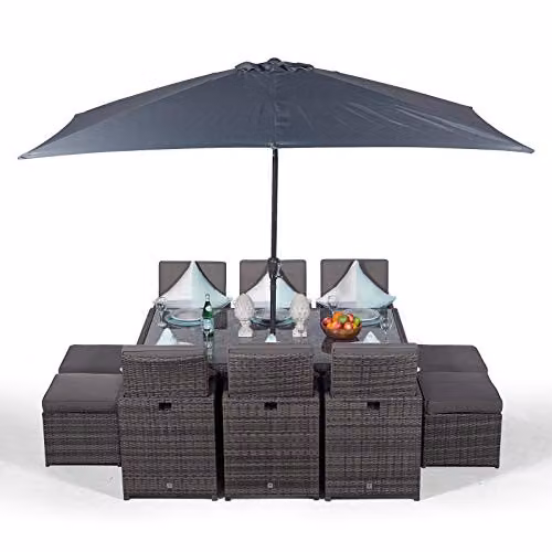 Giardino Rattan Cube Garden Dining Set in Grey and Brown with Table, Chairs, 4 Stools, Parasol and Cover, W: 182 cm, D: 120 cm – 1