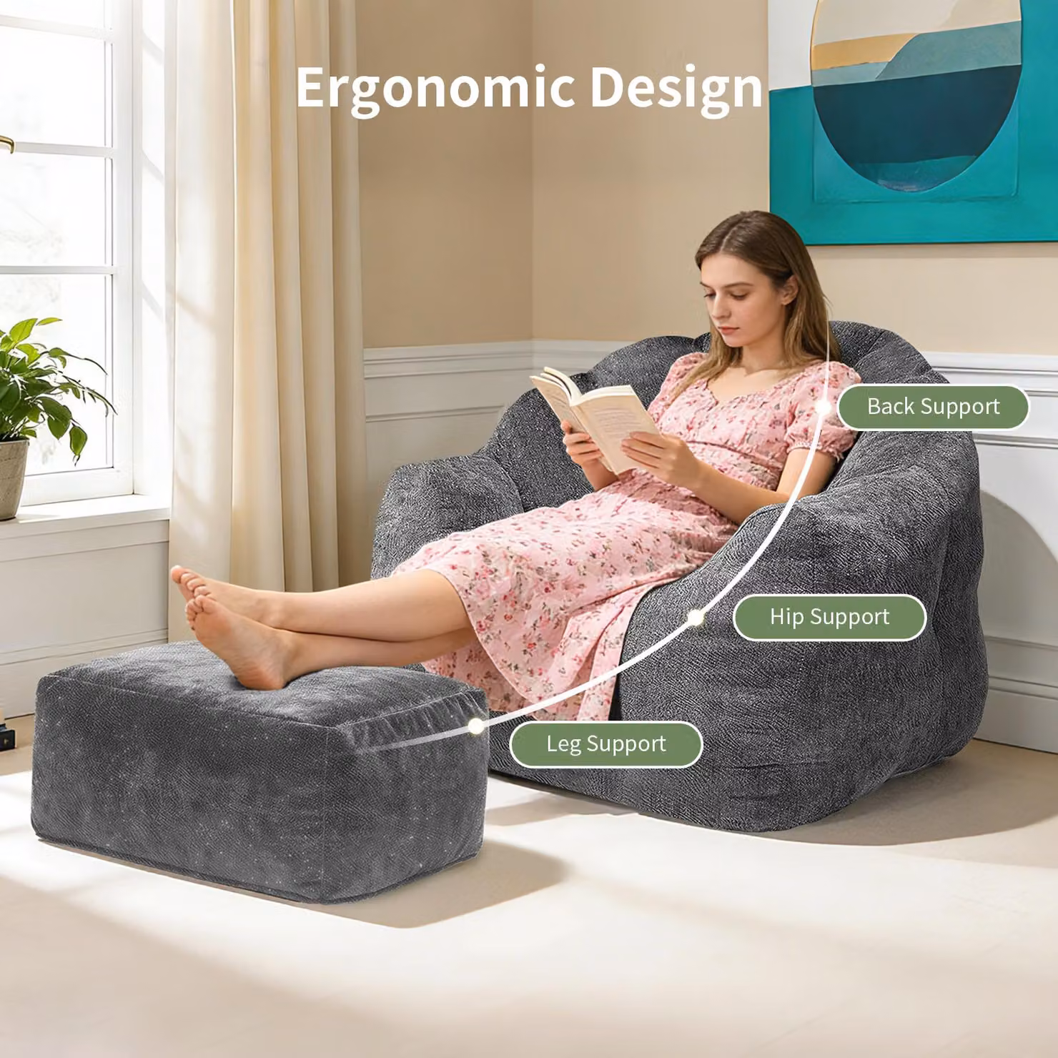 Aosom Grey Oversized Ergonomic Bean Bag Chair with Full-Body Segmented Support, W: 99 cm, D: 86.5 cm, H: 64.5 cm – 3