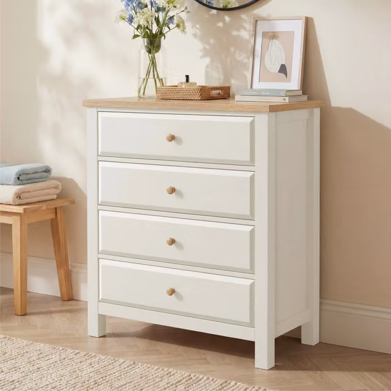 DHS Haven White Painted 4 Drawer Chest of Drawers with Oak Top