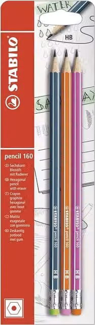 STABILO 160 HB Graphite Pencils with Eraser, Pack of 3, Grey and Multicolour