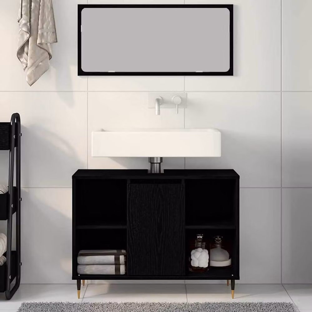 Berkfield Home Modern Black Oak Bathroom Vanity Unit with Open Shelf and Internal Shelves – 4