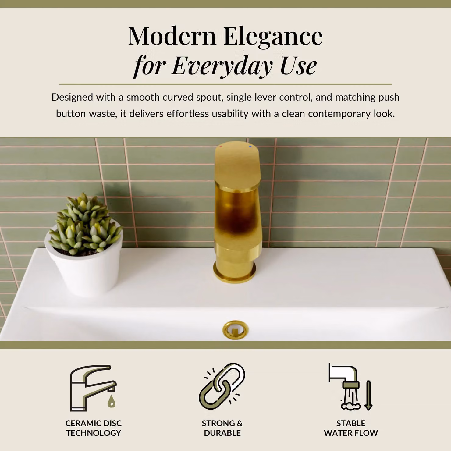 Balterley Current Round Mono Basin Mixer Tap with Push Button Waste in Brushed Brass Gold – 2