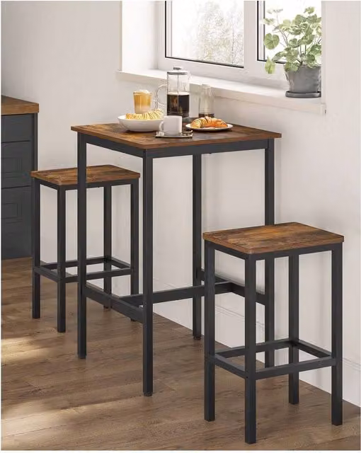 VASAGLE Industrial Bar Table and Stools Set in Bronze and Brown, W/D/H: 60 x 60 x 90 cm