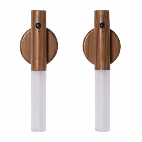 OHS 2 Pack Rechargeable LED Motion Sensor Wall Lights in Wood, Warm White Night Lights for Hallway, Kitchen and Stairs