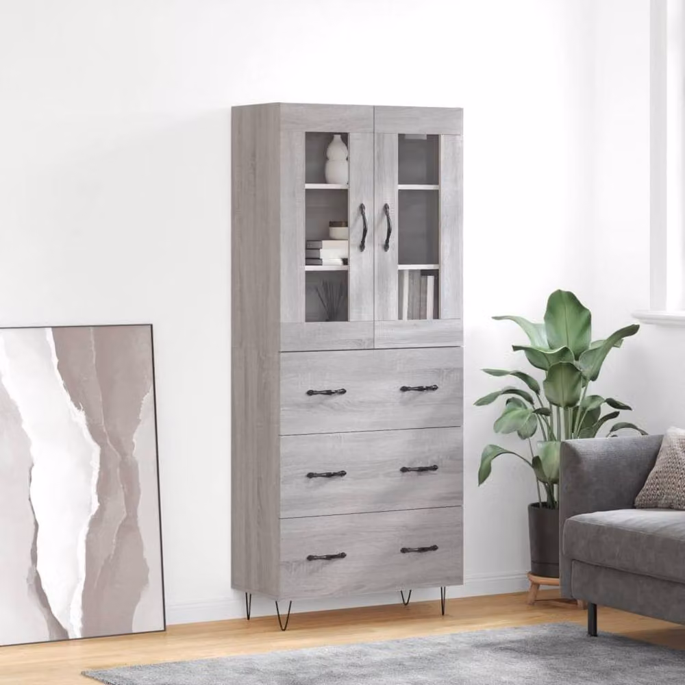 Berkfield Home Grey Sonoma Highboard with Glass Doors and Internal Shelves, H 180 x W 69.5 x D 34 cm – 2