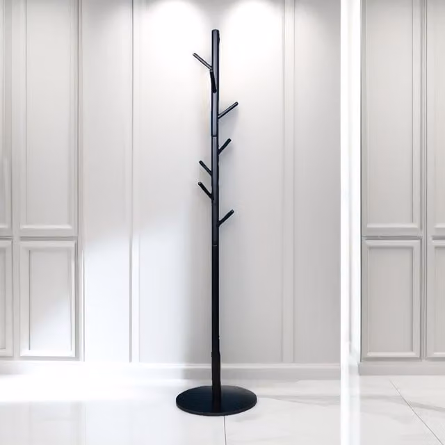 Pirlo Plush Black Wooden Coat Stand with 8 Hooks and Round Base