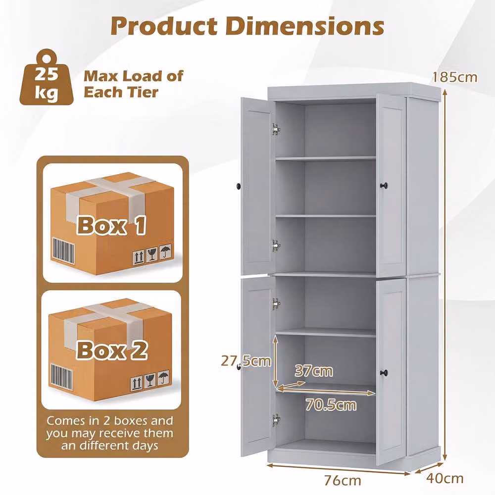 Gymax 4-Door Tall Freestanding Kitchen Pantry Cabinet in Grey with Soft-Close Hinged Doors and Internal Shelves, Height: 185 cm – 2