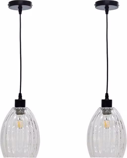 First Choice Lighting Birch Set of 2 Suspended Pendant Lights with Transparent Fluted Glass and Black Fittings