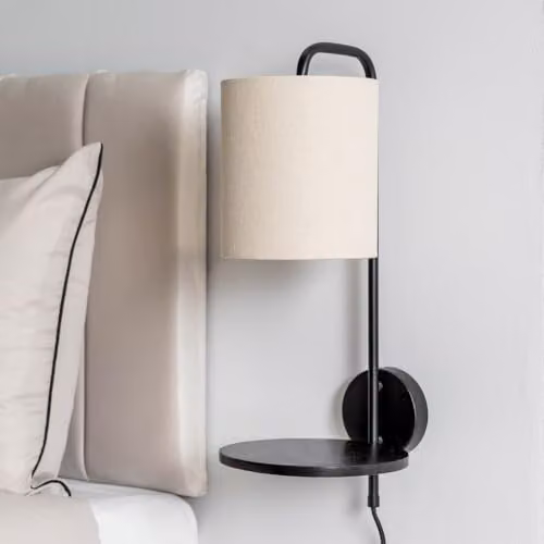 ValueLights Ryan Wall Lamp with Beige Linen Shade and Black Wood Shelf – 3