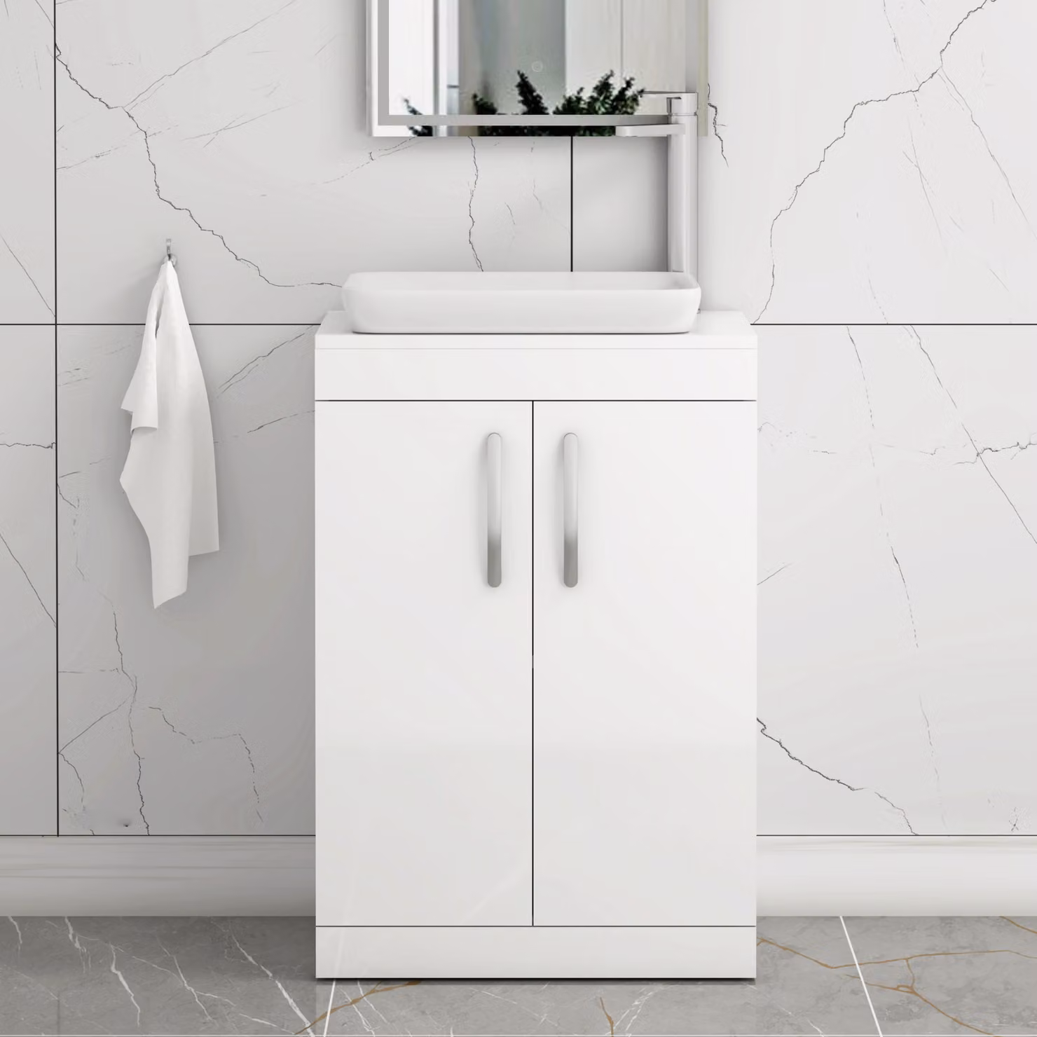 Qubix Turin 500mm Floor Standing 2 Door Gloss White Bathroom Vanity Unit with Countertop Basin