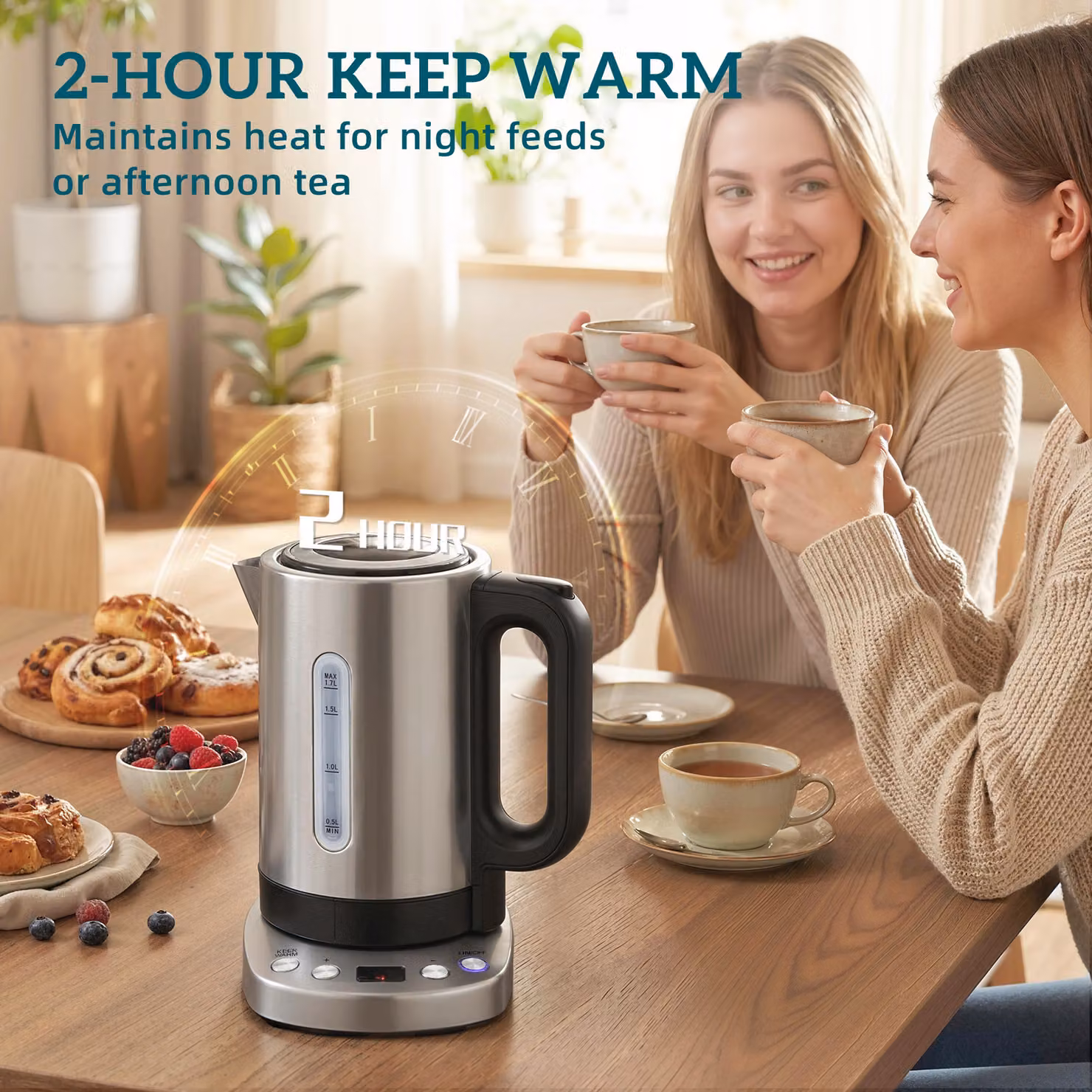 HOMCOM Electric Kettle, 1.7 l, Silver Tone, with Keep Warm Function and Limescale Filter – 6