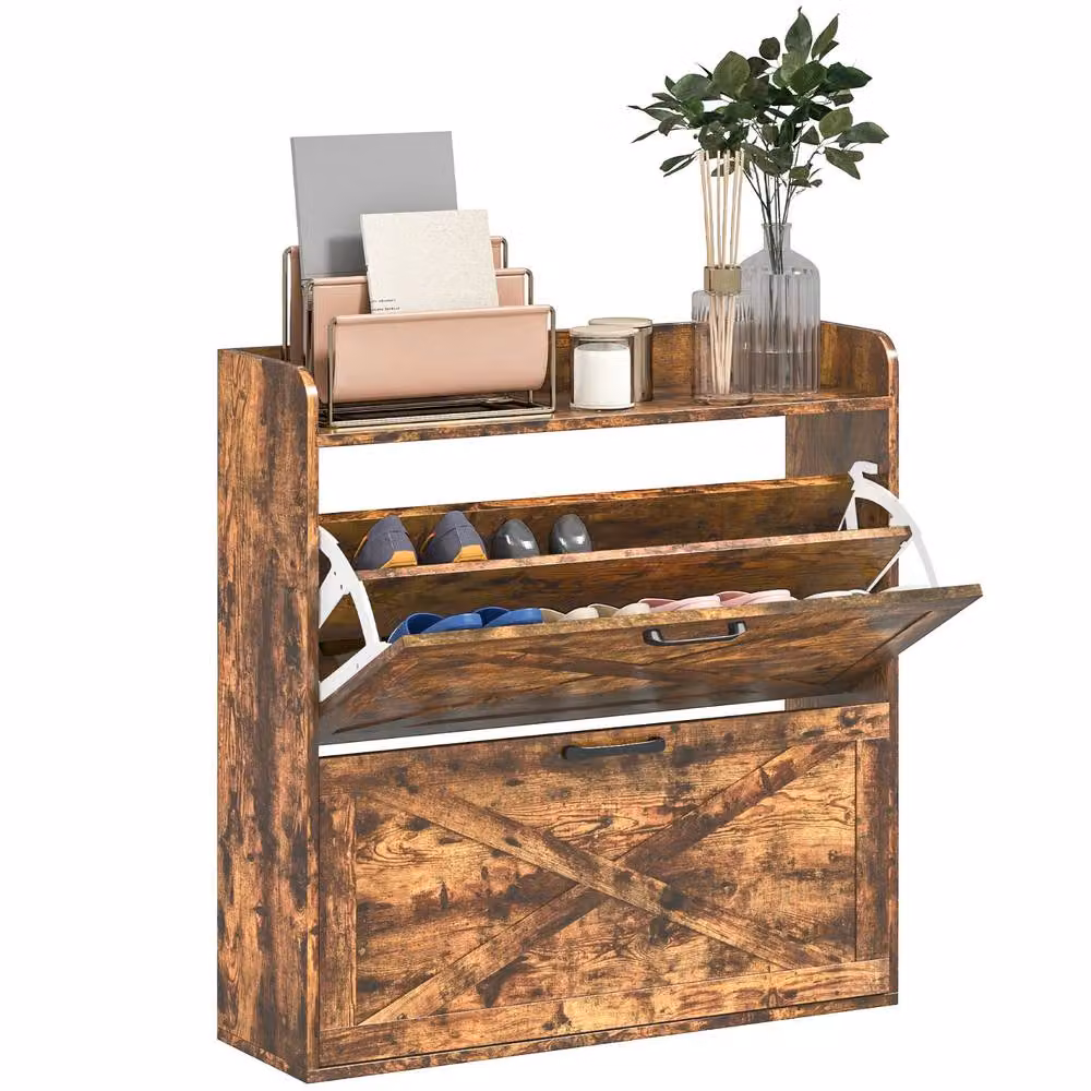 FURNOS Rustic Brown Hallway Shoe Storage Cabinet with 2 Drawers and Open Shelf, W/D/H: 80 x 24 x 81.5 cm – 6