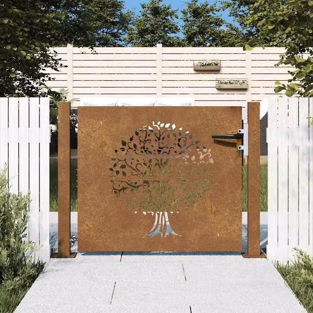 Berkfield Brown Corten Steel Garden Gate with Tree Design, W/H: 105 x 105 cm