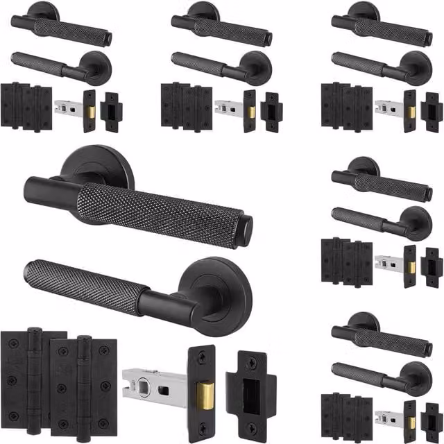 AFIT Matt Black Knurled Internal Door Handle Set, Pack of 6 with Latches and Hinges