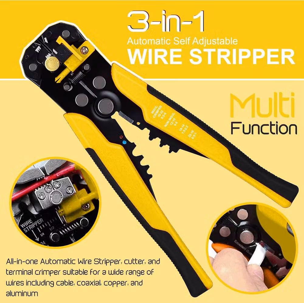ATEK 3-in-1 Electrical Wire Strippers, Cutters and Terminal Crimper in Yellow – 8