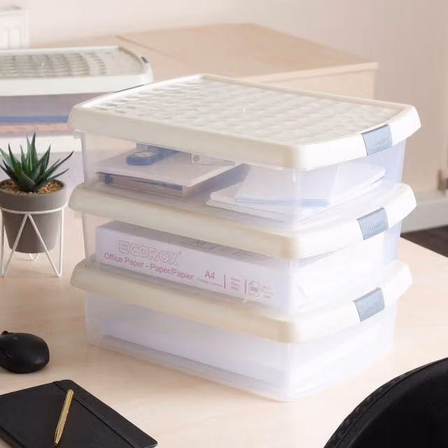 Wham Set of 5 Rectangular Plastic Storage Boxes with Lids, 8.5L Each, Beige