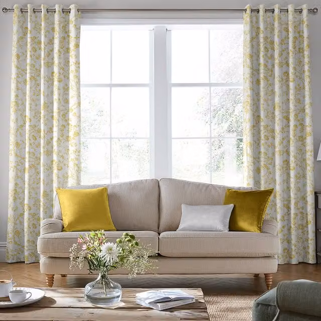 Laura Ashley Aria Made to Measure Blackout Floral Eyelet Curtain in Yellow