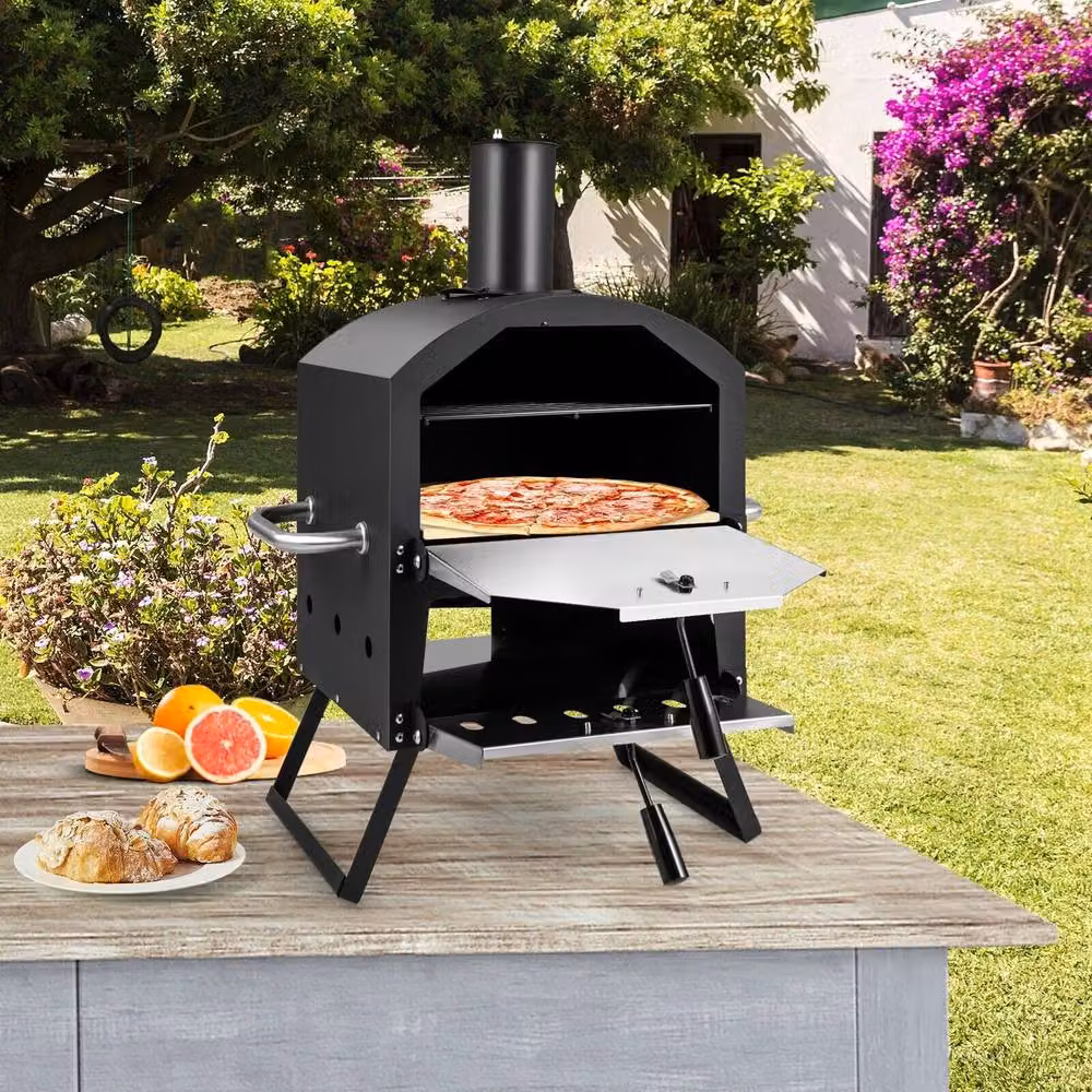 Costway Outdoor 2-Layer Wood Fired Pizza Oven with Pizza Stone, Black, W/D/H: 72 x 44 x 44 cm – 3