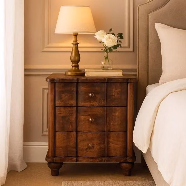 Aosom UK Valencia Solid Mango Wood Bedside Table with 3 Drawers, Brown, W/D/H: 55 x 40 x 63 cm