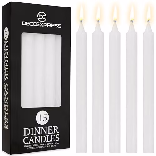 Deco Express Set of 15 White Unscented Dripless Tapered Candles