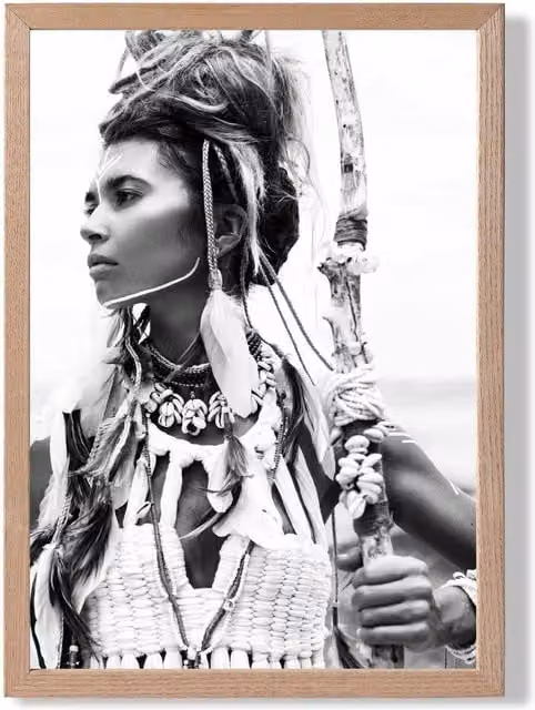 ARTZE Warrior Woman Black and White Photo Framed Print with Oak Frame, A2