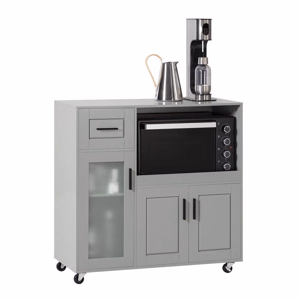 SoBuy Grey Rustic Kitchen Trolley with Glass Doors and Appliance Housing Unit – 2