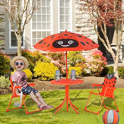 Outsunny Kids Outdoor Table and Chairs Set with Adjustable Umbrella, Red – 2