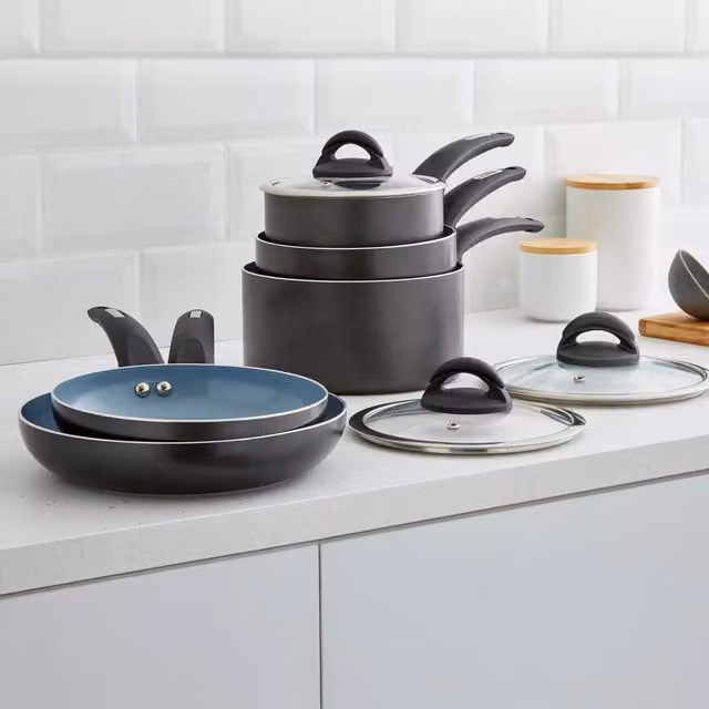 Tower 5 Piece Ceramic Saucepan and Frying Pan Set, Grey