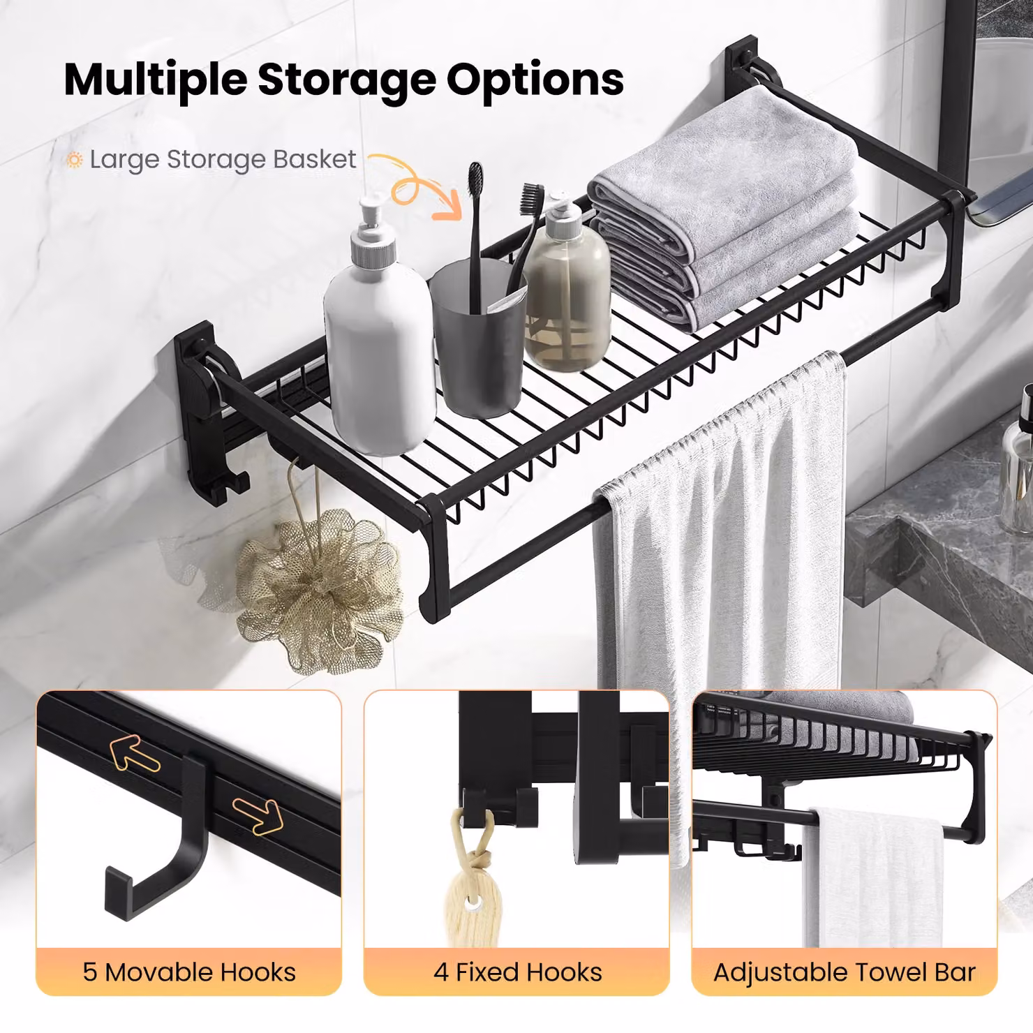 Costway Foldable Wall Mounted Bathroom Towel Rack with Adjustable Bar and Hooks, Black, W: 104 cm, H: 119 cm – 6