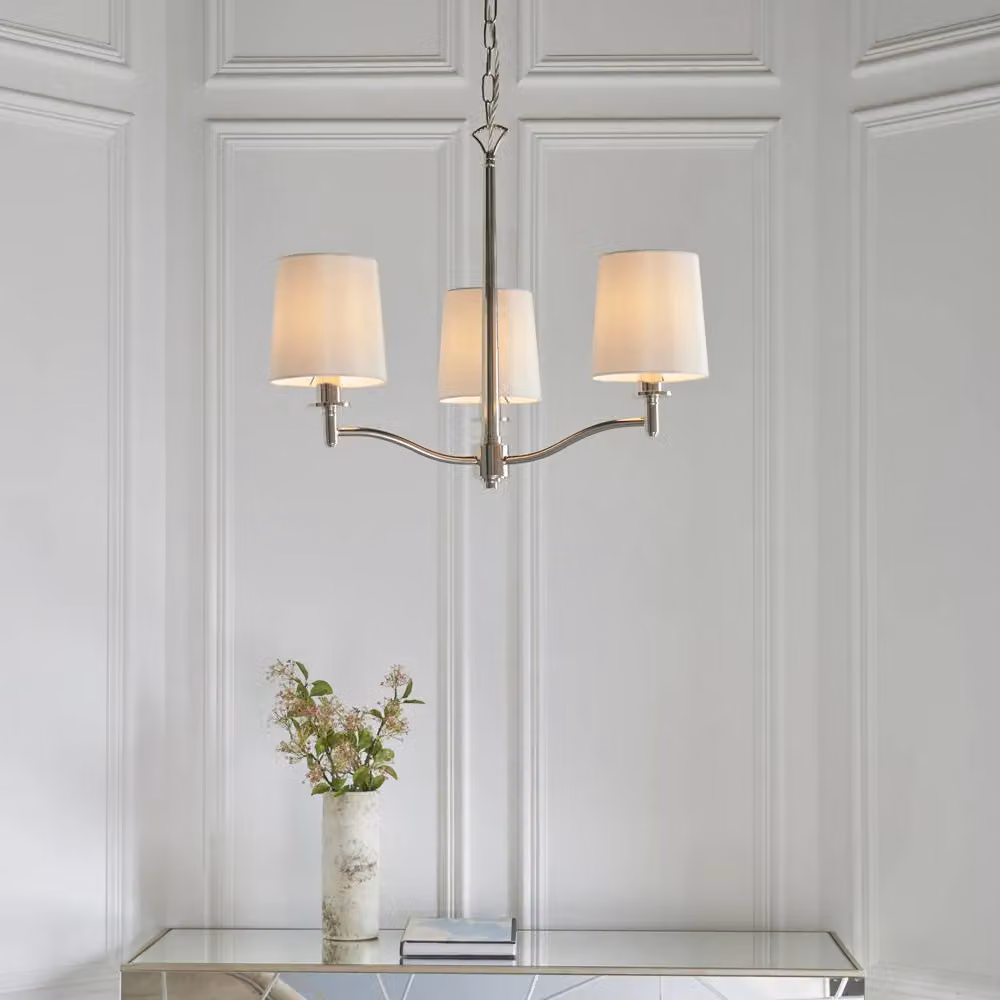 Loops 3 Light Ceiling Pendant Fitting in Bright Nickel with Vintage White Fabric Shades – 2