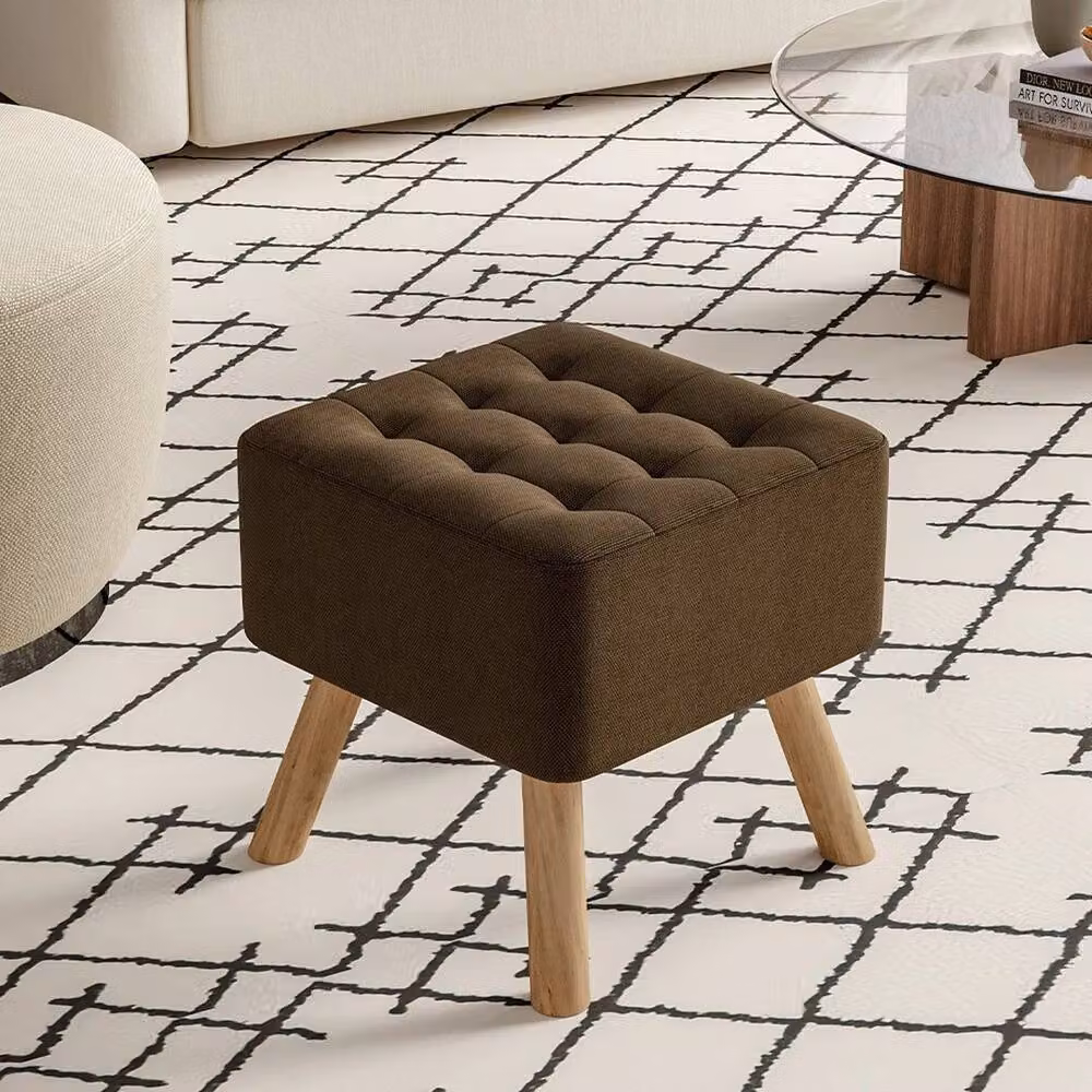 KORVIXA Brown Linen Upholstered Hallway Footstool Ottoman with Wood Frame – 3