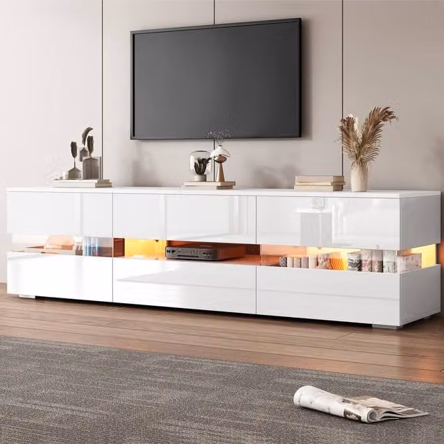 Merax High Gloss TV Stand Unit with LED, 1 Drawer and 2 Doors, White, W: 160 cm, D: 39 cm, H: 45 cm
