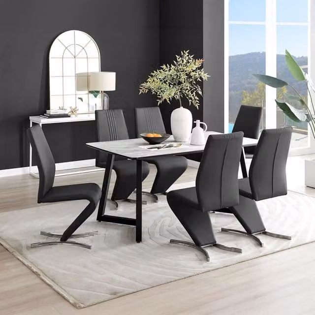 FurnitureboxUK Carson White Marble Effect Rectangular Dining Table and 6 Willow Chairs in Black