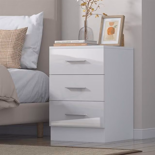 REFLECT 3 Drawer Bedside Cabinet in White High Gloss and Matt Finish