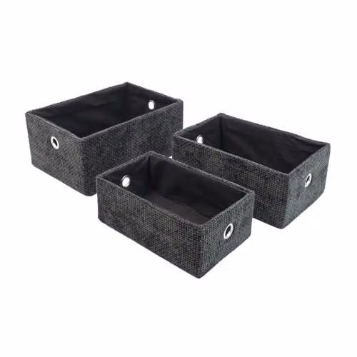 JVL Metro Set of 3 Fabric Rectangular Storage Baskets with Handles in Black and Grey