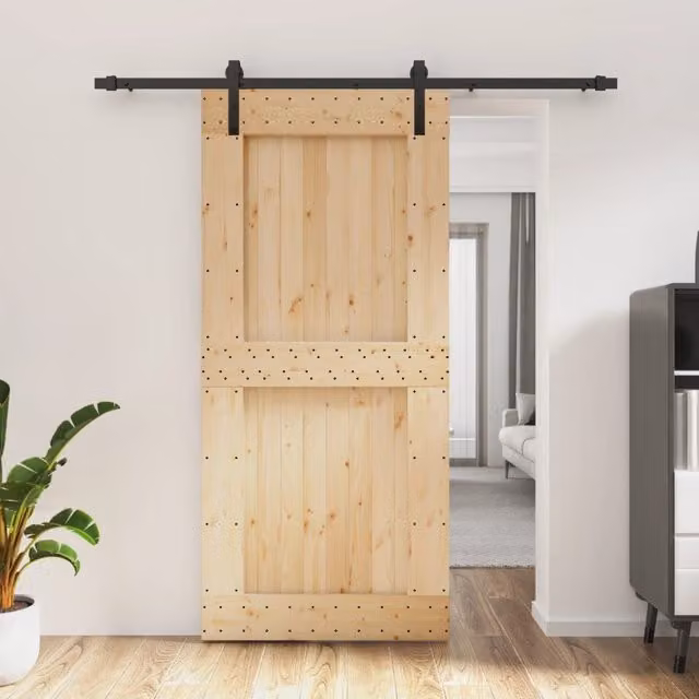 Berkfield Home Rustic Solid Wood Pine Sliding Door with Hardware Set in Brown, W: 95 cm, H: 210 cm – 1