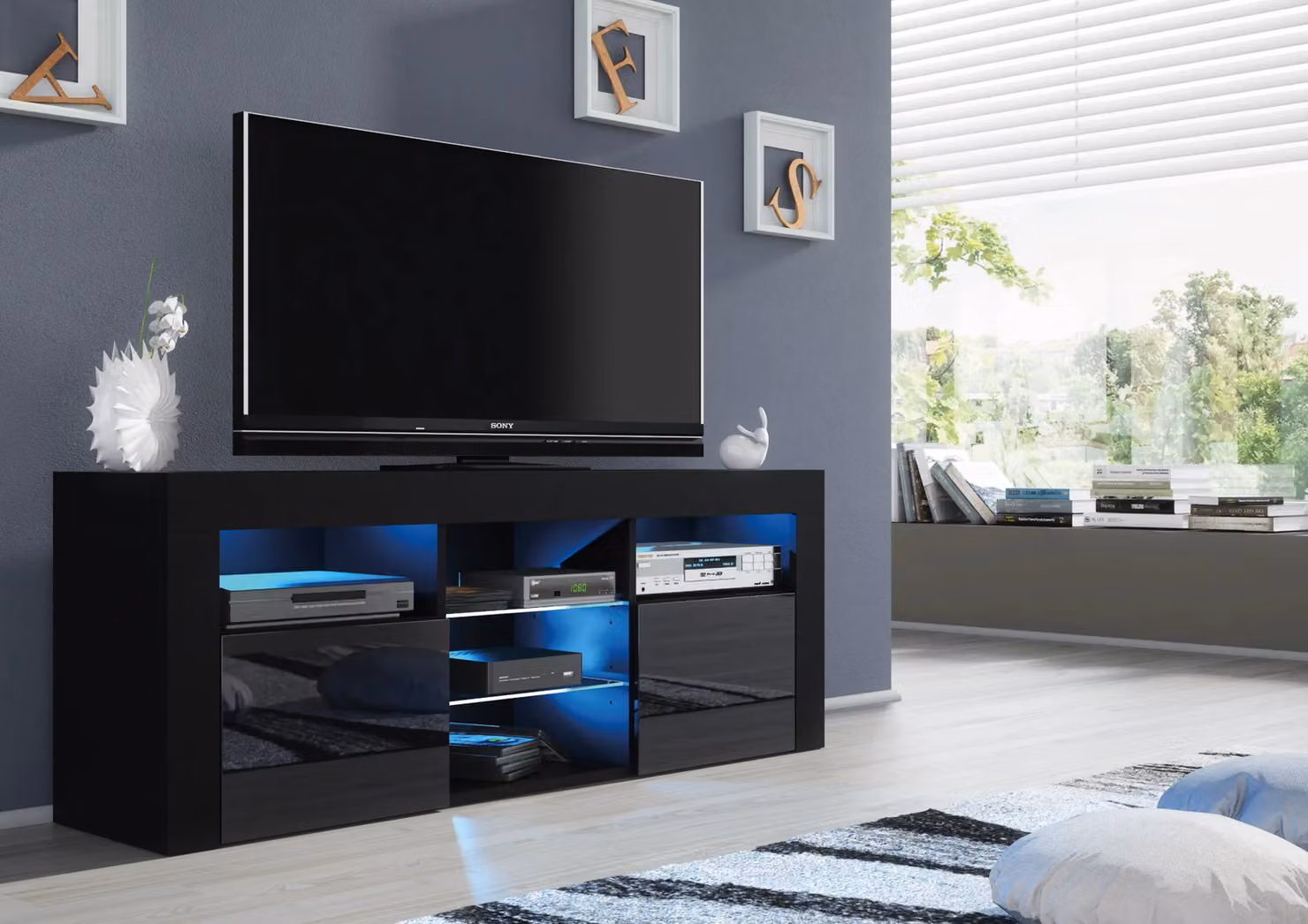 Mex Furniture LTD Modern Glossy TV Unit with Integrated LED Lighting in Black, W: 145 cm, H: 53 cm, D: 35 cm – 2