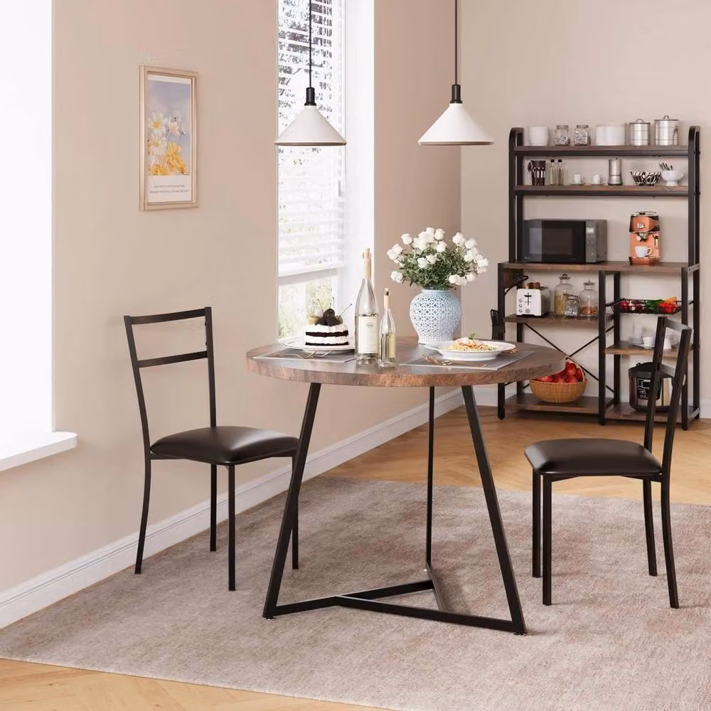 Havendro Round Dining Table and 2 Chairs Set in Brown Rustic MDF and Metal – 3