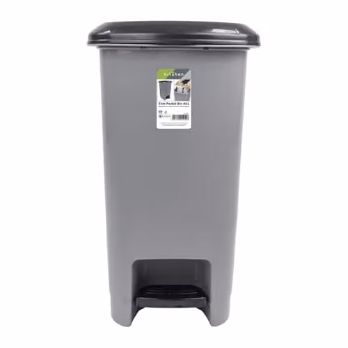 JVL Slim Plastic Lidded Foot Pedal Waste Bin, 40L, Grey, W/D/H: 31.0 x 44.5 x 55.5 cm