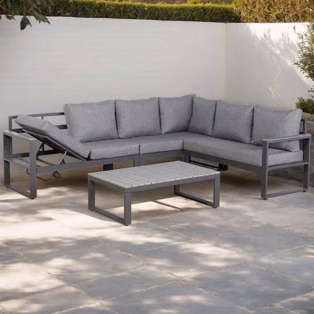Furnishings For Less UK Modern L-Shaped Right Hand Facing Outdoor Garden Furniture Set in Grey with Powder Coated Aluminium Frame and Upholstered Cushions including Coffee Table – 1
