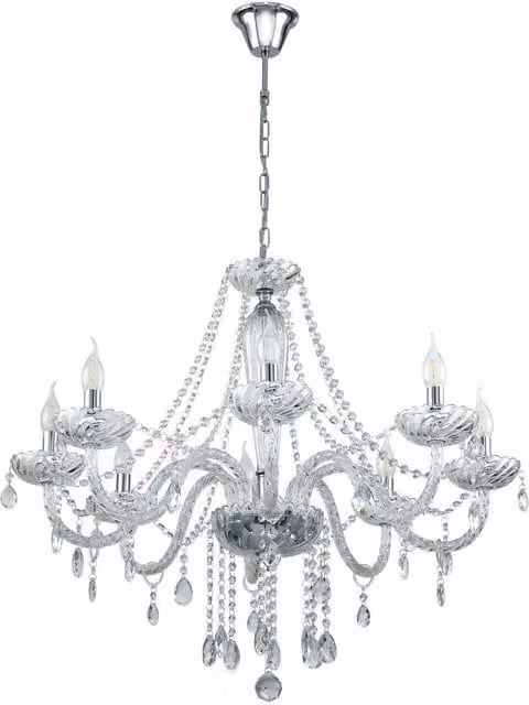 Loops Chandelier in Chrome with Transparent Glass Droplets, E14 Bulb Compatible