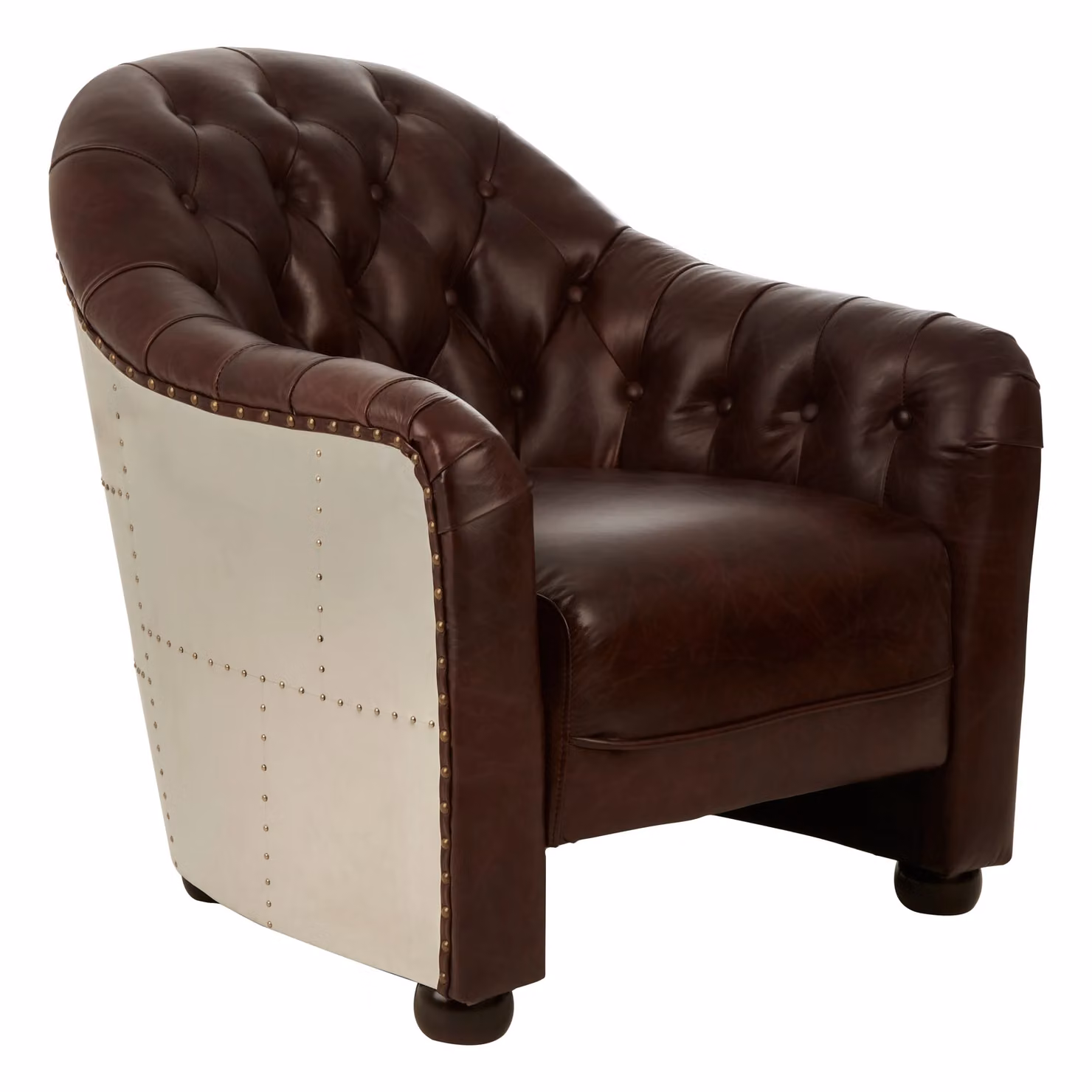 Orsina Classic Leather Armchair with Buttoned Back and Black Walnut Feet in Brown – 3