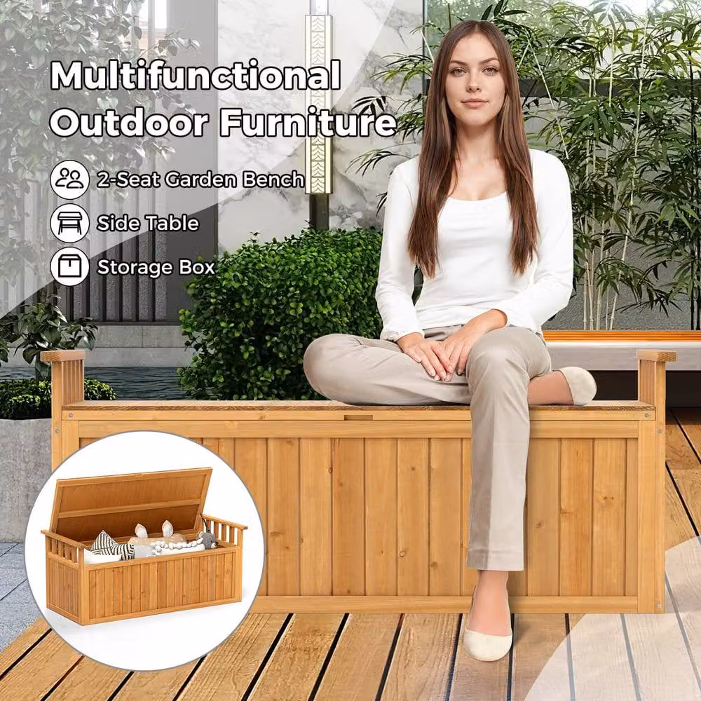Gymax 209 L Large Storage Deck Box Patio Loveseat with Armrests in Natural Brown – 3