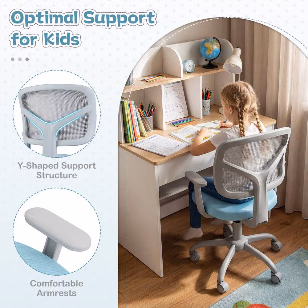 Costway Blue Mesh Kids Study Chair with Armrests and Swivel Castors – 4